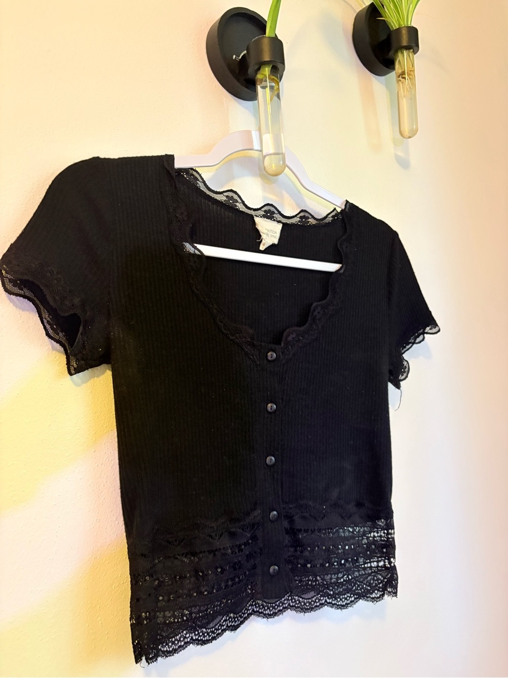 Black Lace-Trim Ribbed Tee